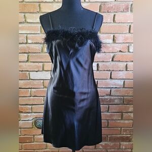 Thirty/Thirty LA Black Satin Feather-Trim Mini Dress (XL)